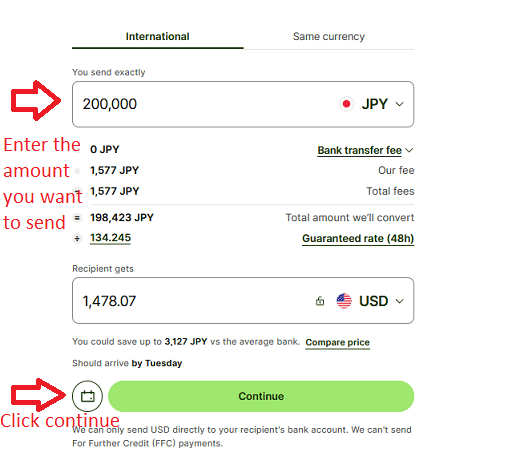 Transfer money from Japan amount
